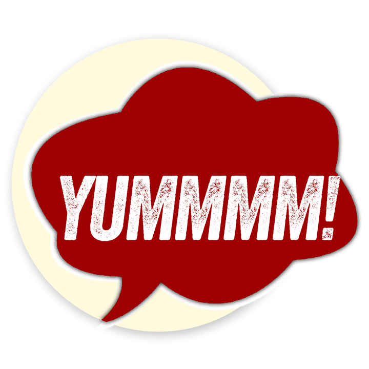 Red speech bubble with 'YUMMM!' text on a white background